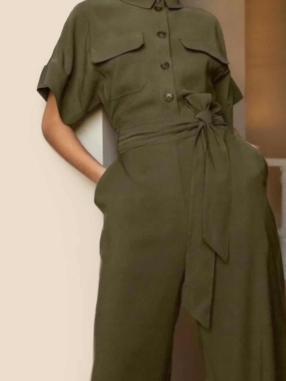 H&M Olive Utility Jumpsuit with Tie Waist Size 8